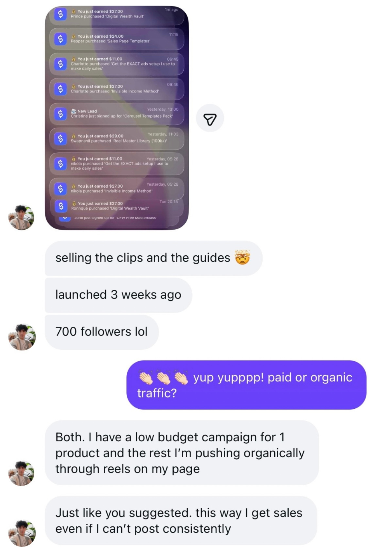 Selling clips and guides, launched 3 weeks ago with 700 followers